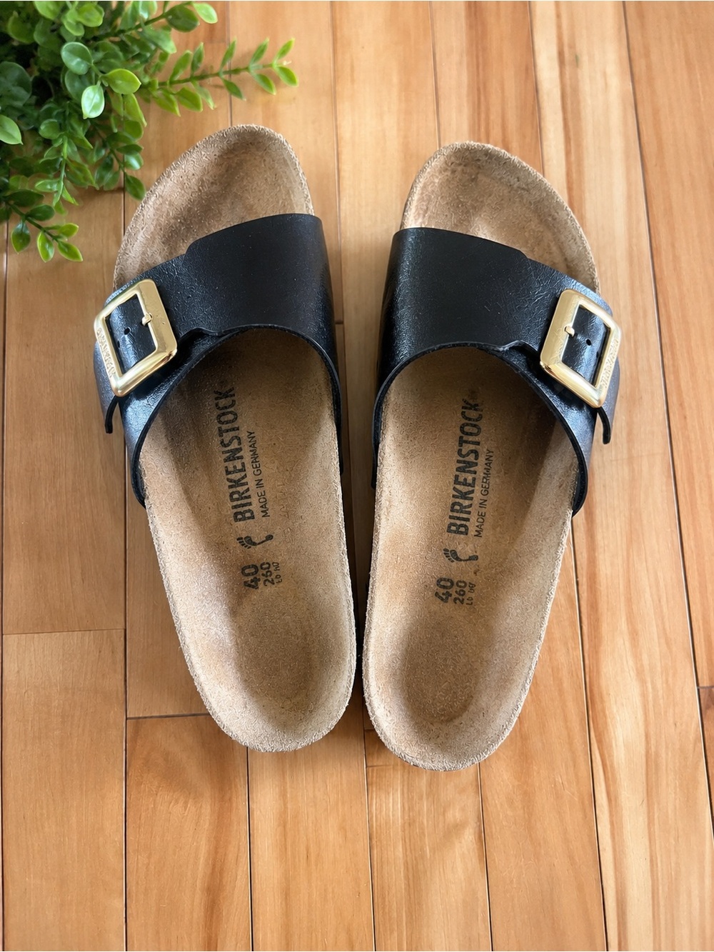 Birkenstock Black Madrid Sandals with Gold Buckles
